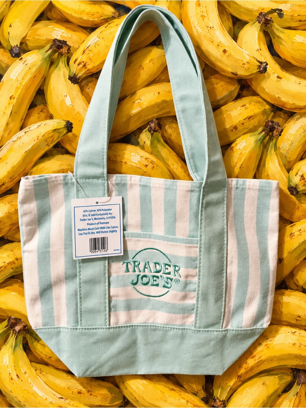 Trader Joe's Mint Green & White Striped Canvas Tote NWT